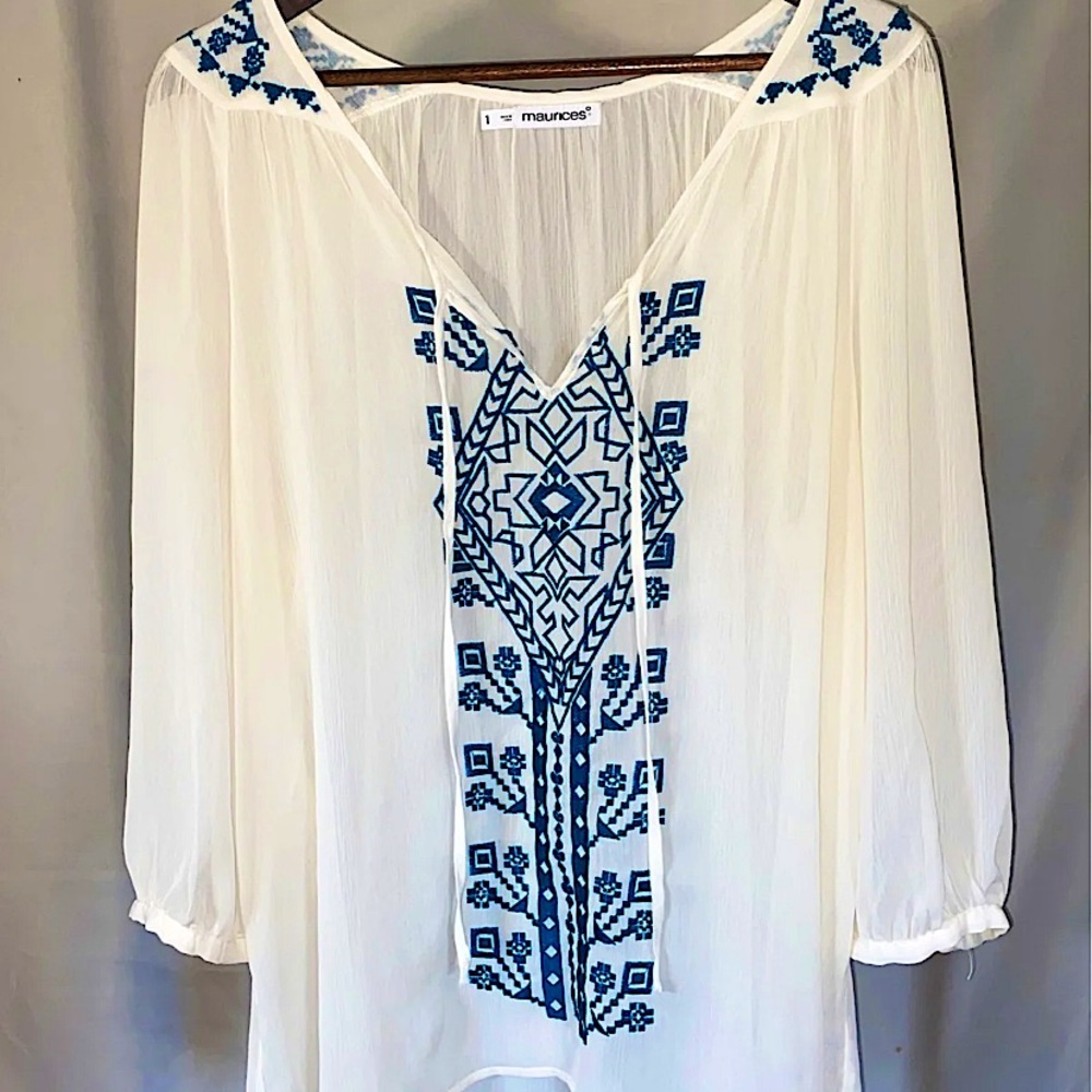 MAURICES White and Blue Embroidered Boho Blouse  Size 1X